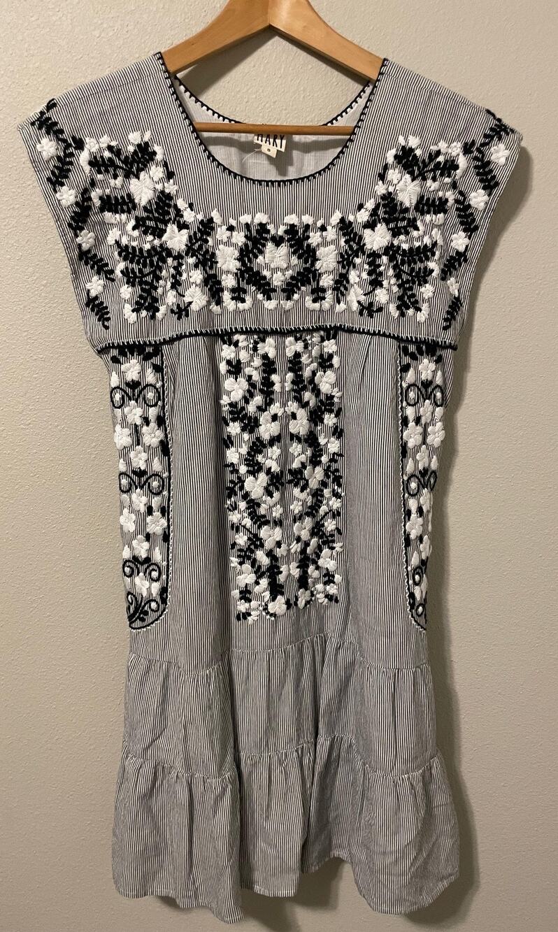 Sister Mary Dress Womens Small Gray Striped Embroidered Trapeze Boho Sundress